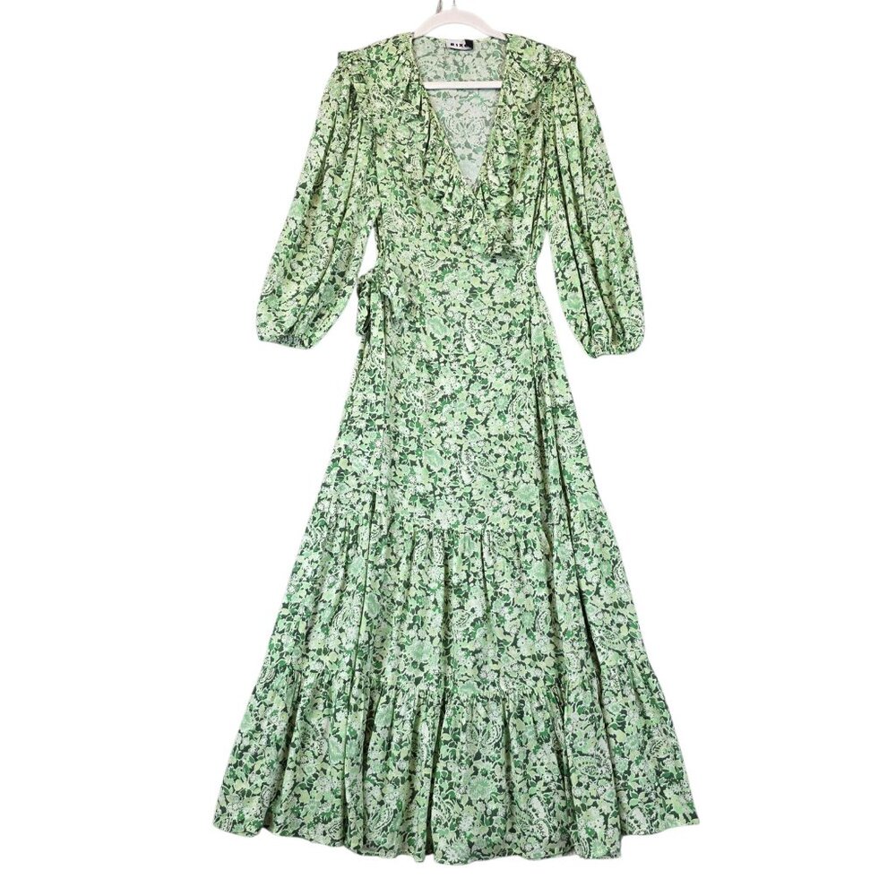 Rixo Dress Womens Small 6 Green Floral Frida Wrap Ruffle Tiered Maxi Viscose